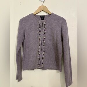 Ann Taylor Cardigan Sweater Small Wool Angora Lavender Floral Embroidered